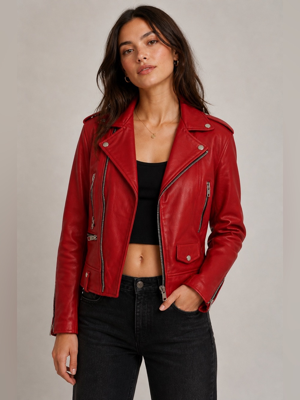 Homme + Femme Red Genuine Leather Moto Biker Jacket Women’s Small Cropped